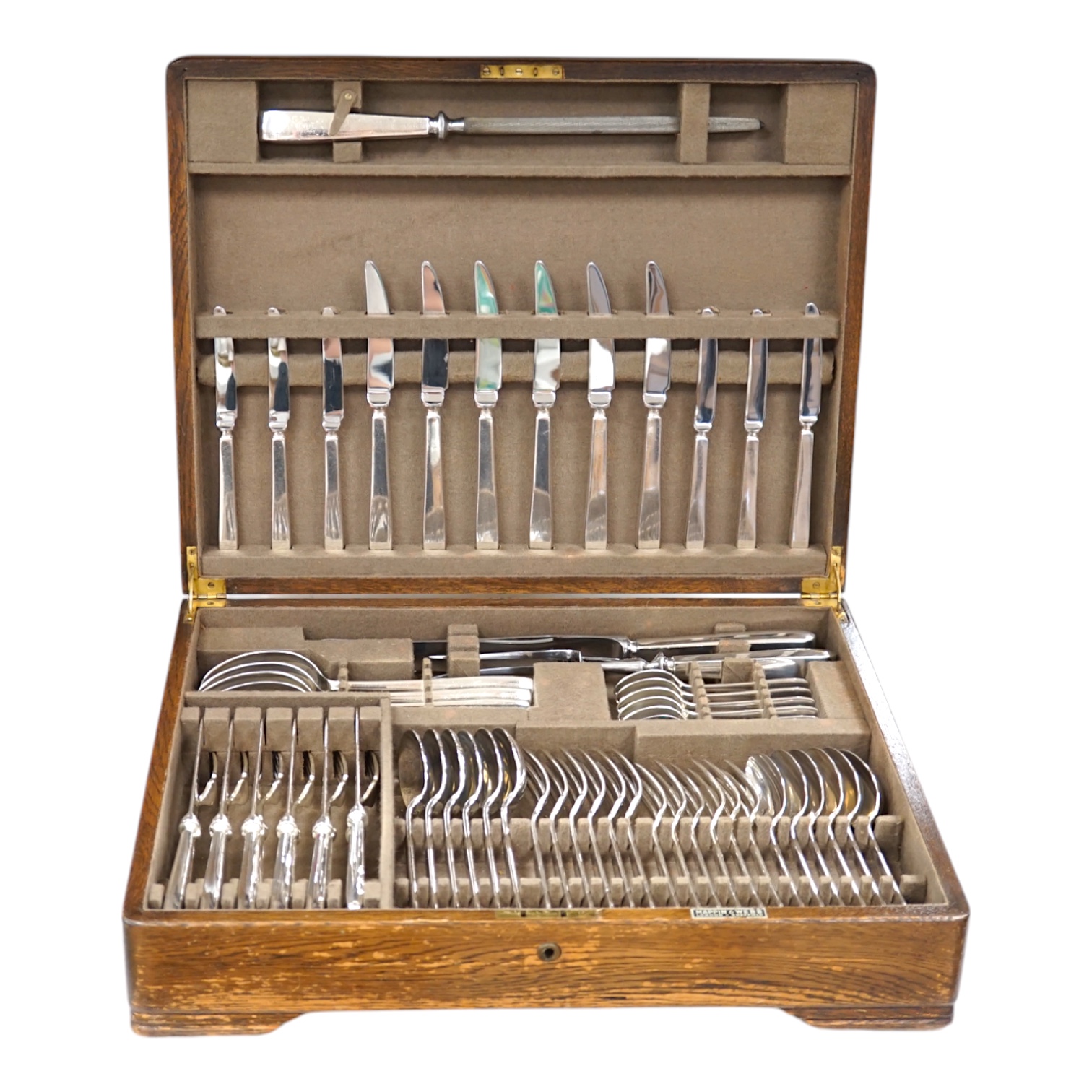 A Mappin and Webb oak canteen of silver plated cutlery, case 44 x 35 x 11cm. Condition fair to good, some staining to top of canteen, contents good.